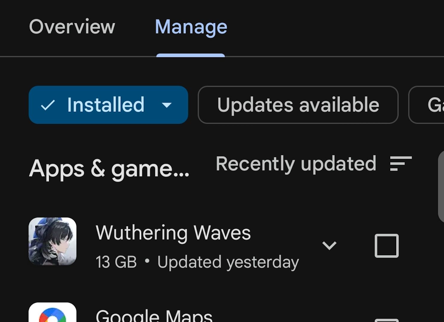 Выпадающее меню «Установленные» в Google Play.