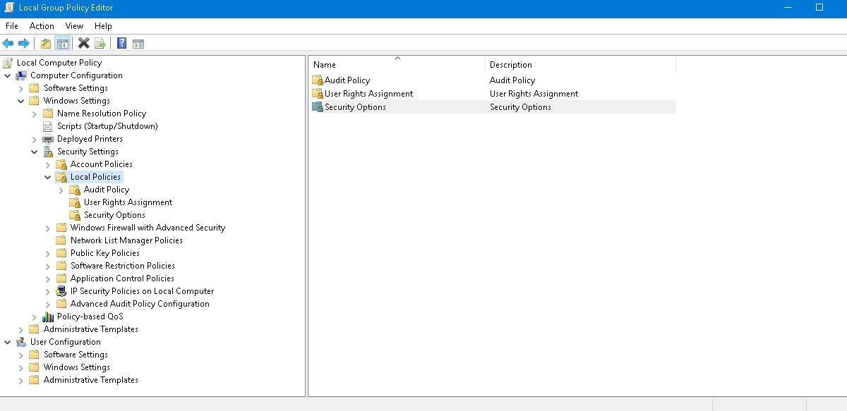 Клик по Параметрам безопасности в редакторе локальной групповой политики.