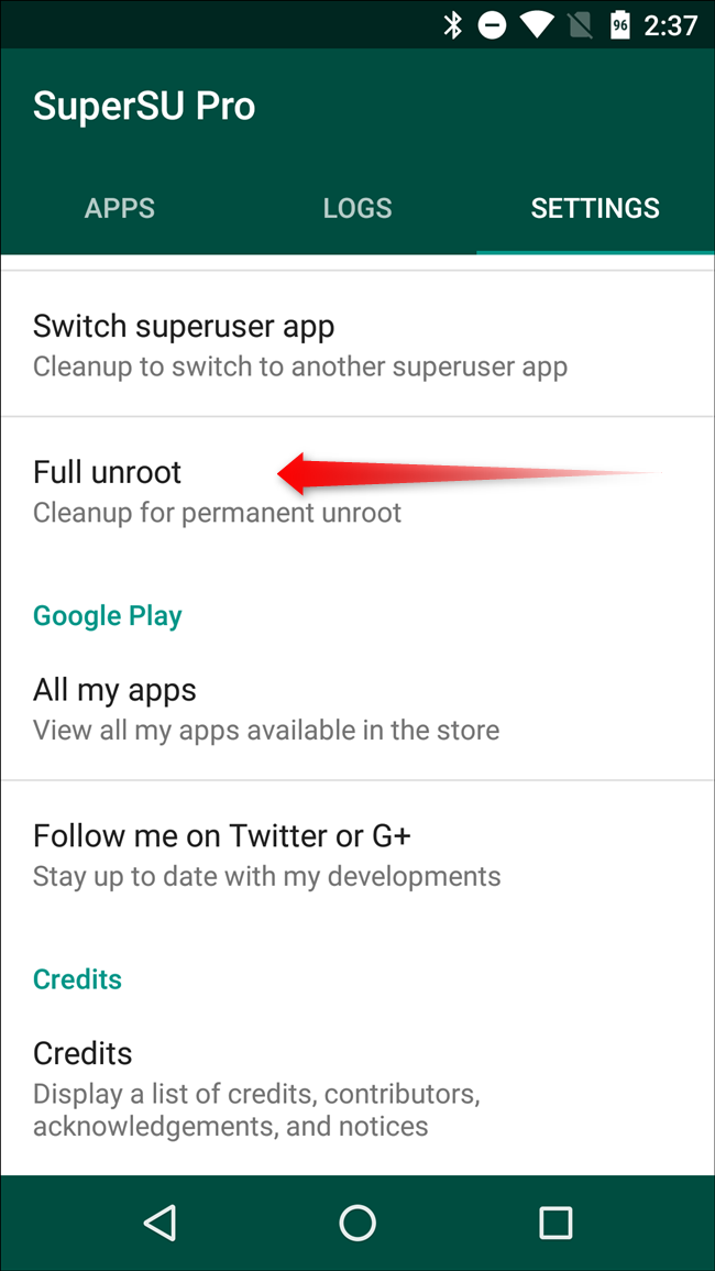 Настройки SuperSU с опцией Full unroot