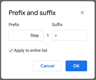 Пример префикса и суффикса в нумерованном списке