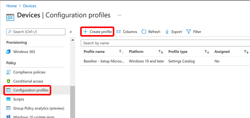 Кнопка Create profile в Microsoft Intune