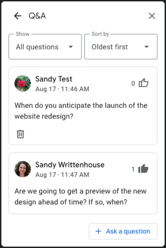 Список вопросов участника с действиями