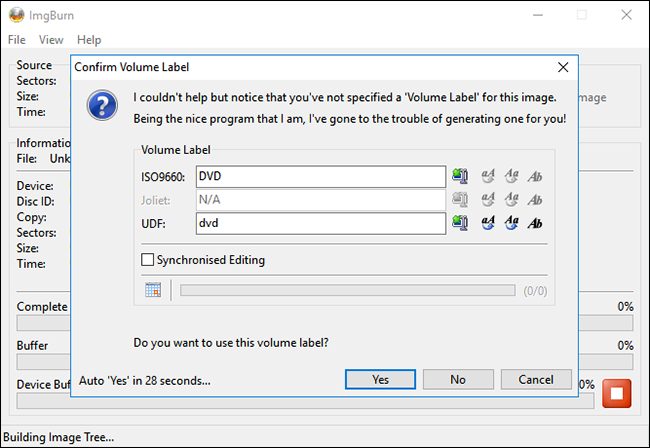 ImgBurn popup that asks you to confirm the label of the disc. Click 