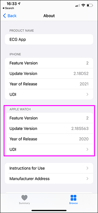 Отображение версии функции ЭКГ в приложении Здоровье