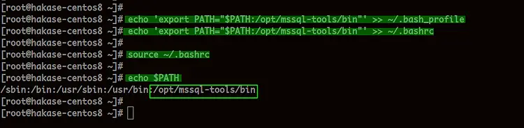 Вывод echo $PATH с включённым путем /opt/mssql-tools/bin