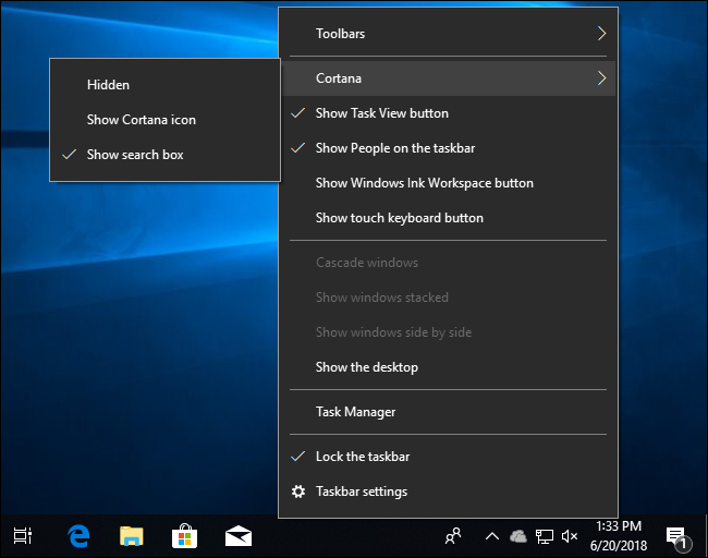 Панель задач с множеством ярлыков и поисковой строкой Cortana