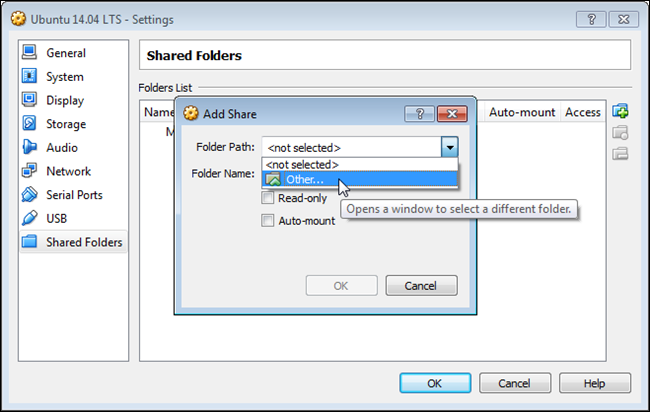 Выбор Other для пути папки