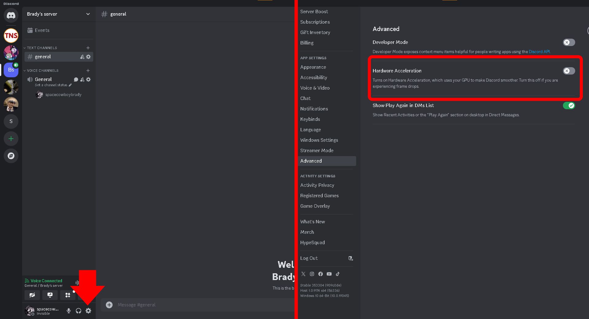 Отключение аппаратного ускорения в Discord в настройках приложения.
