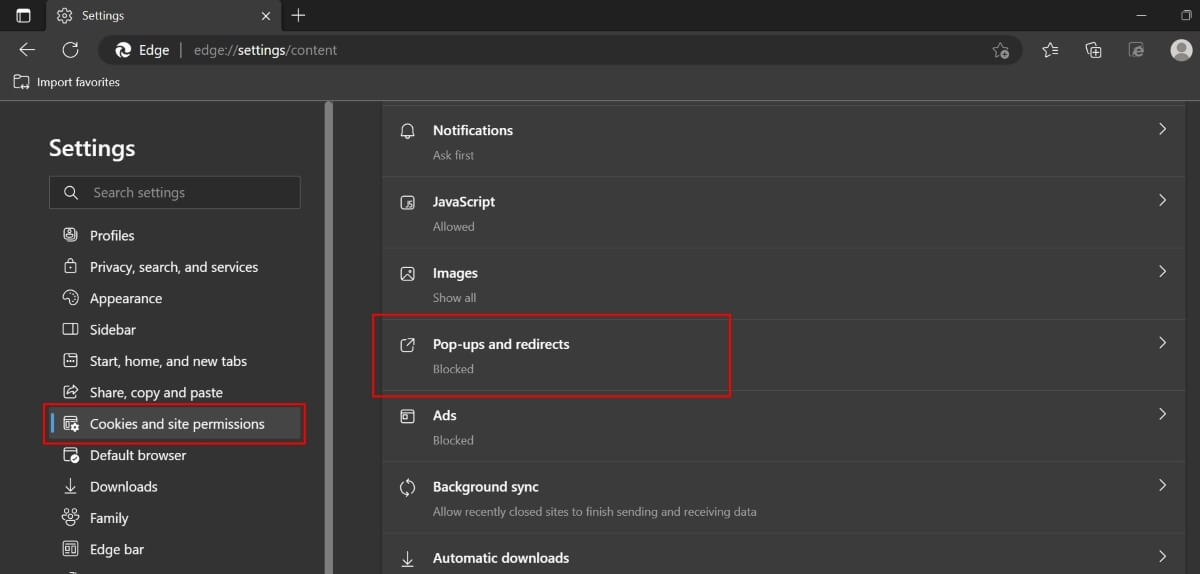 Параметры всплывающих окон в Edge