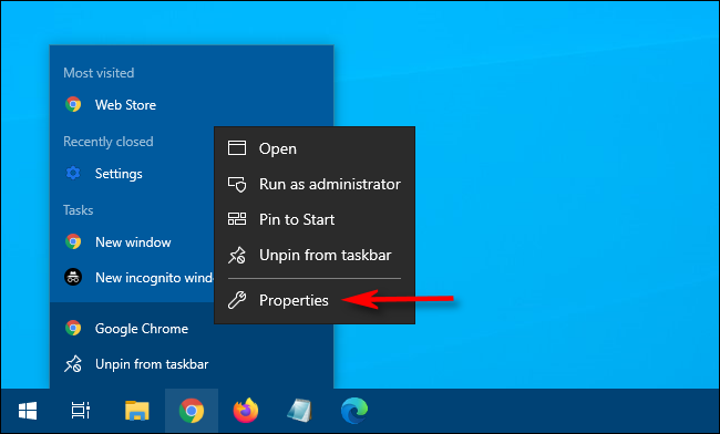 Щёлкните правой кнопкой по ярлыку Chrome и выберите «Свойства» в Windows 10