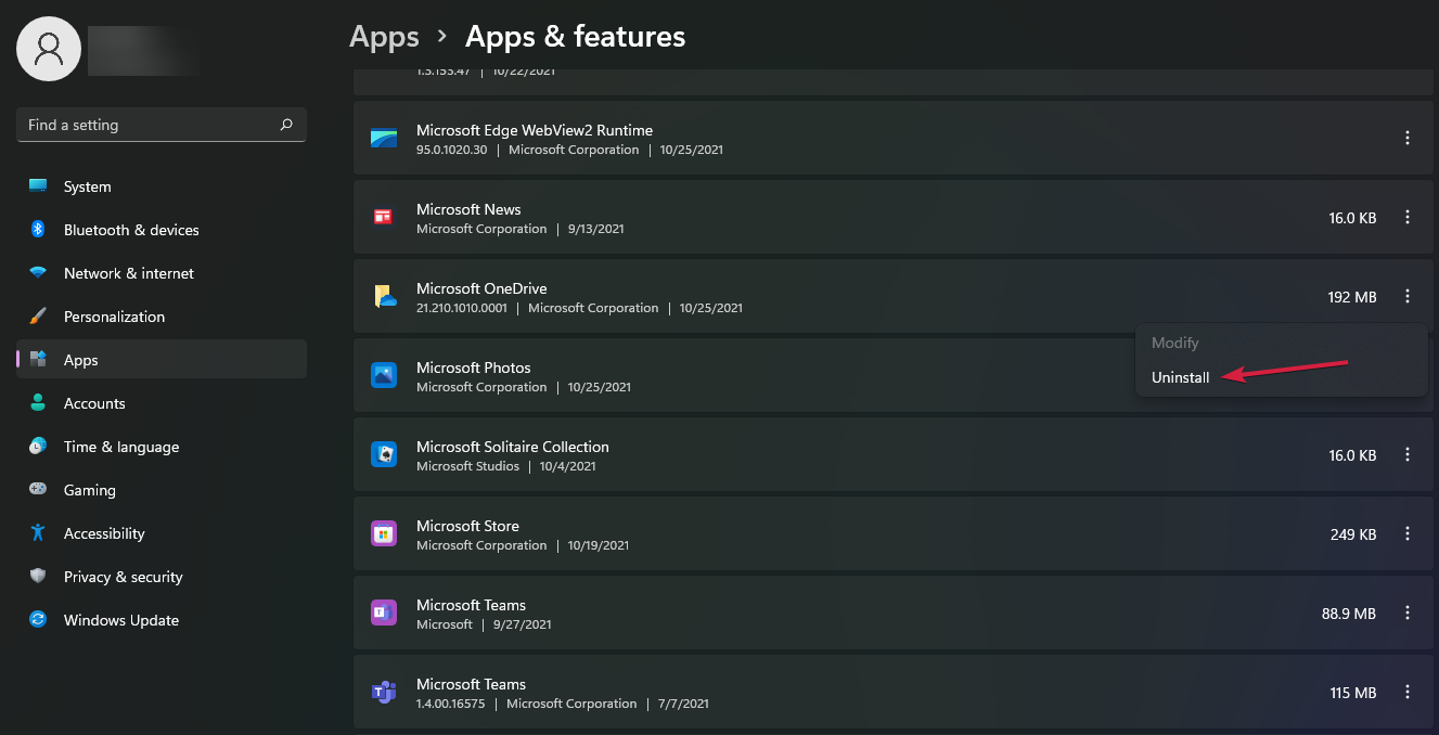 Кнопка Удалить для OneDrive в списке приложений