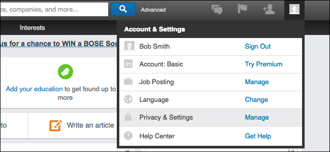 Меню управления аккаунтом LinkedIn на сайте — скриншот