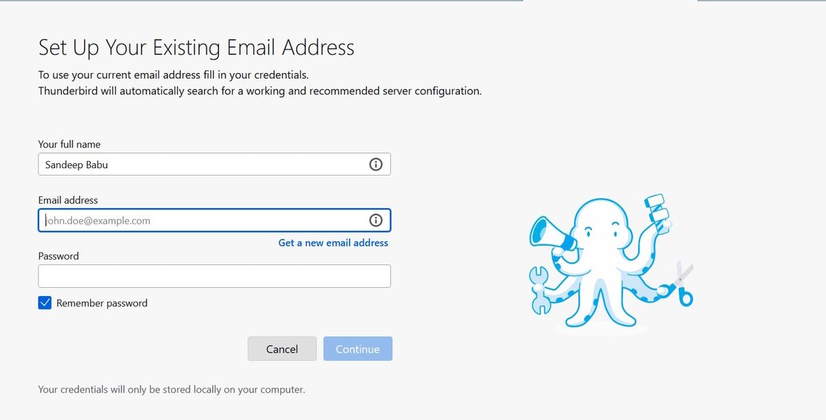 Скриншот добавления учётной записи в Thunderbird