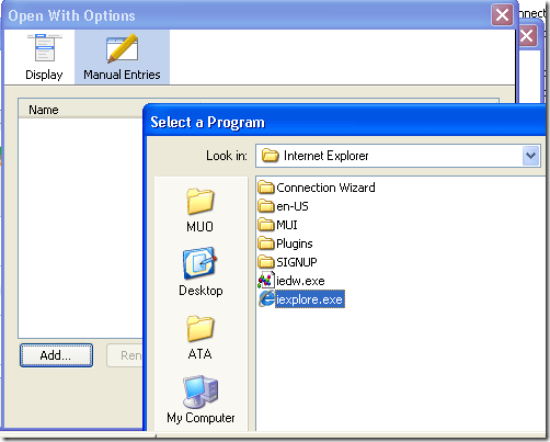 добавление и редактирование команды запуска браузера в Open With