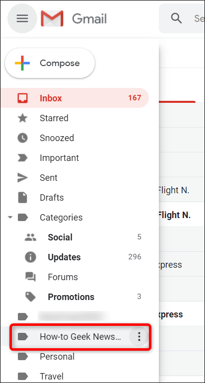 Боковая панель Gmail с метками.