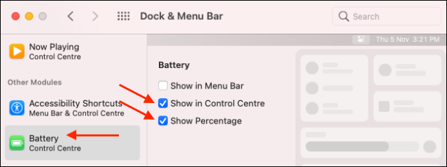 Опция добавления модуля 'Батарея' в Control Center