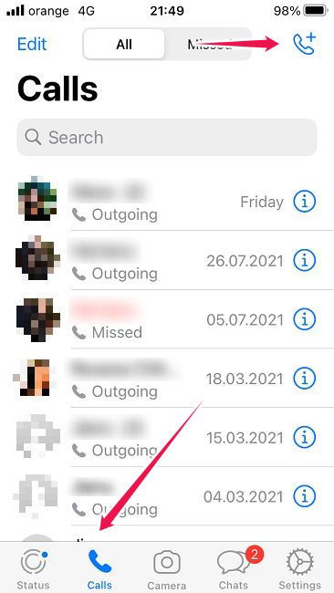 iOS WhatsApp: начальный экран звонков