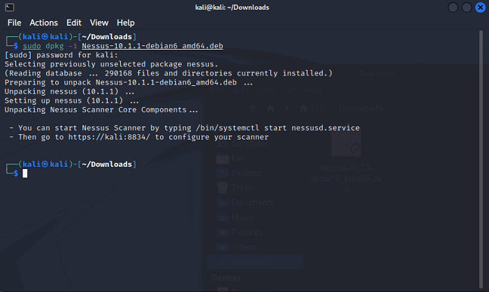 Установка Nessus через dpkg, окно терминала