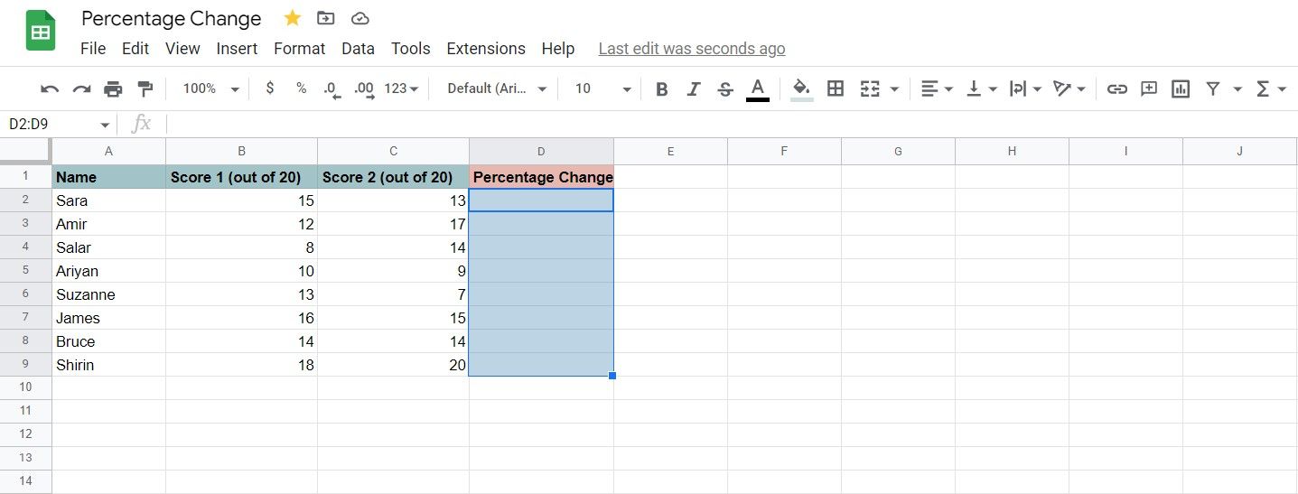 Два столбца чисел для расчёта пропорционального изменения в Google Sheets