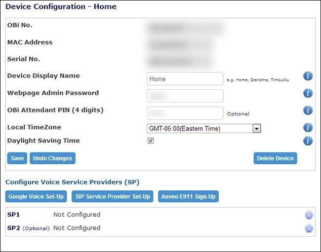 Панель управления OBi — настройка Google Voice