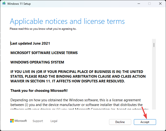 Лицензионное соглашение: кнопка Принять