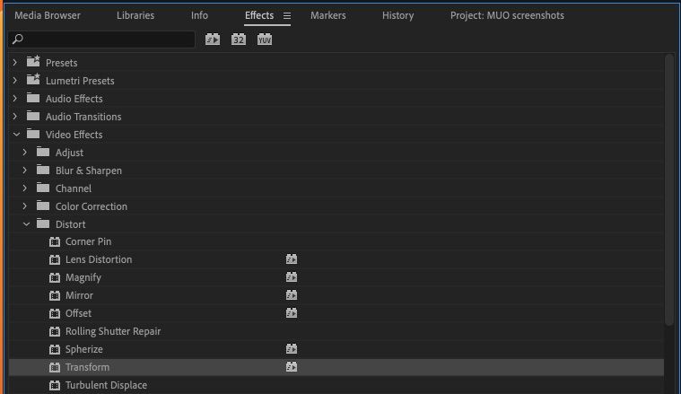 Расположение эффекта Transform в Premiere Pro