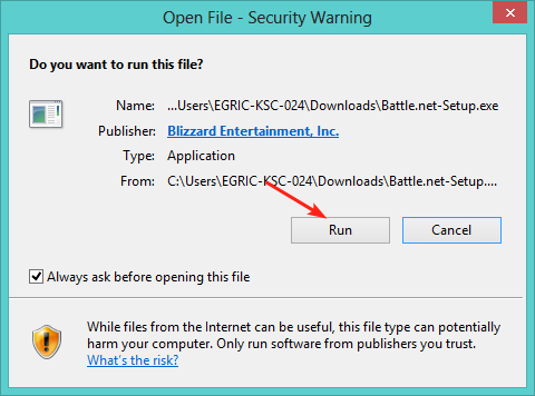 Окно запуска установщика Battle.net с кнопкой «Run»