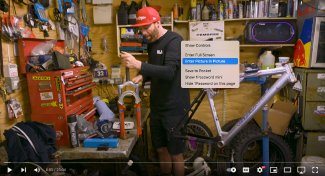 Двойной правый клик по видео на YouTube в Safari для PiP