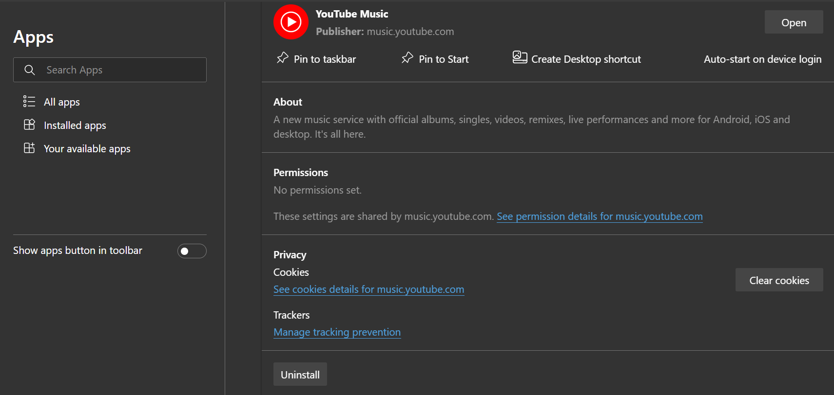 Параметры приложения и кнопка удаления в Edge