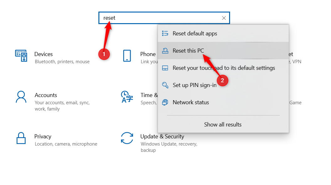 'Сброс' введён в строке поиска и показан вариант Сбросить этот компьютер