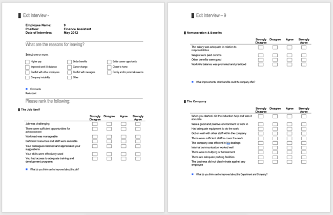 Шаблон Exit Interview: пример вопросов с вариантами оценки от 'категорически не согласен' до 'полностью согласен'.