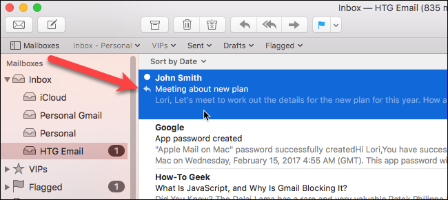 Пример входящего письма с иконкой ответа, показывающей, что автоответ отправлен