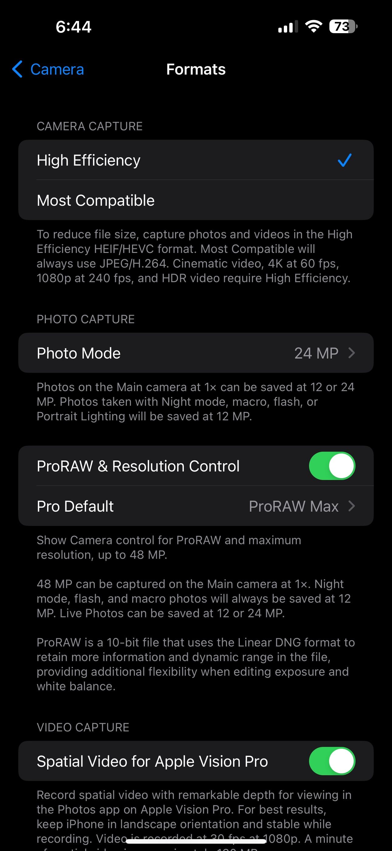 Раздел Форматы в настройках камеры
