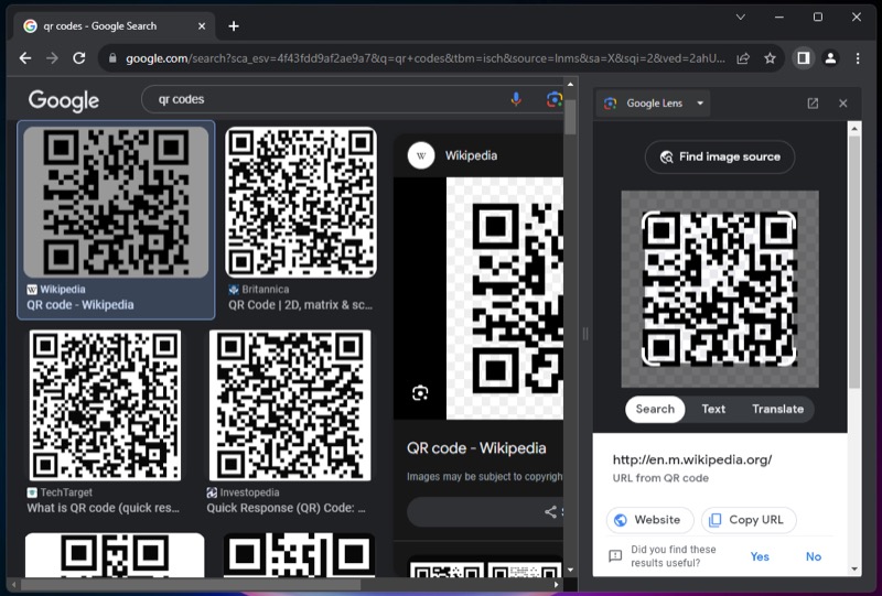 Действия Google Lens после распознавания QR‑кода