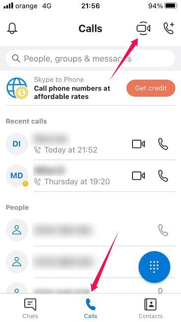 iOS Skype: начать новый видеозвонок
