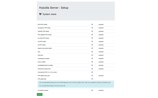 Стартовая страница установки Hubzilla с проверкой зависимостей