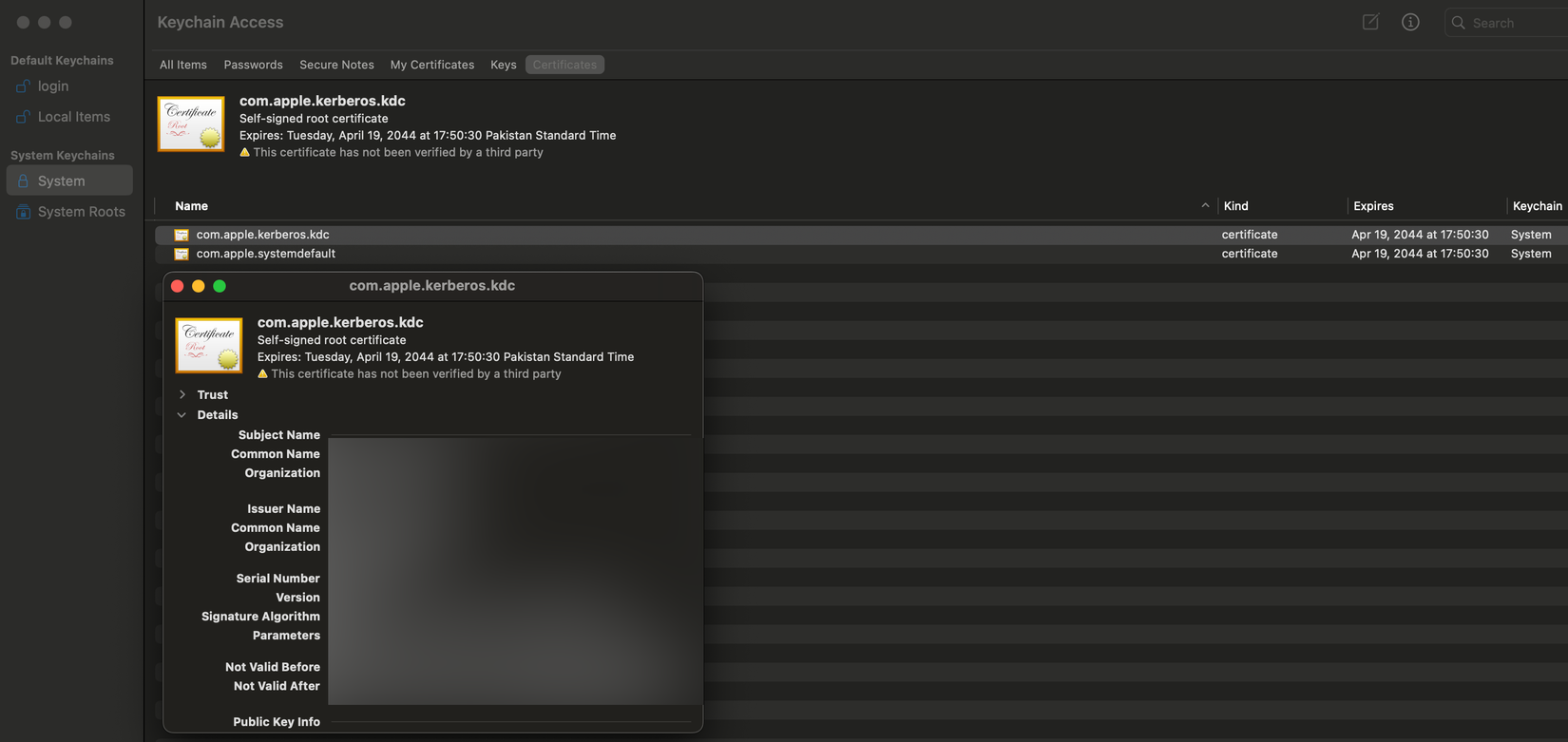 Просмотр информации о сертификате на MacBook Air