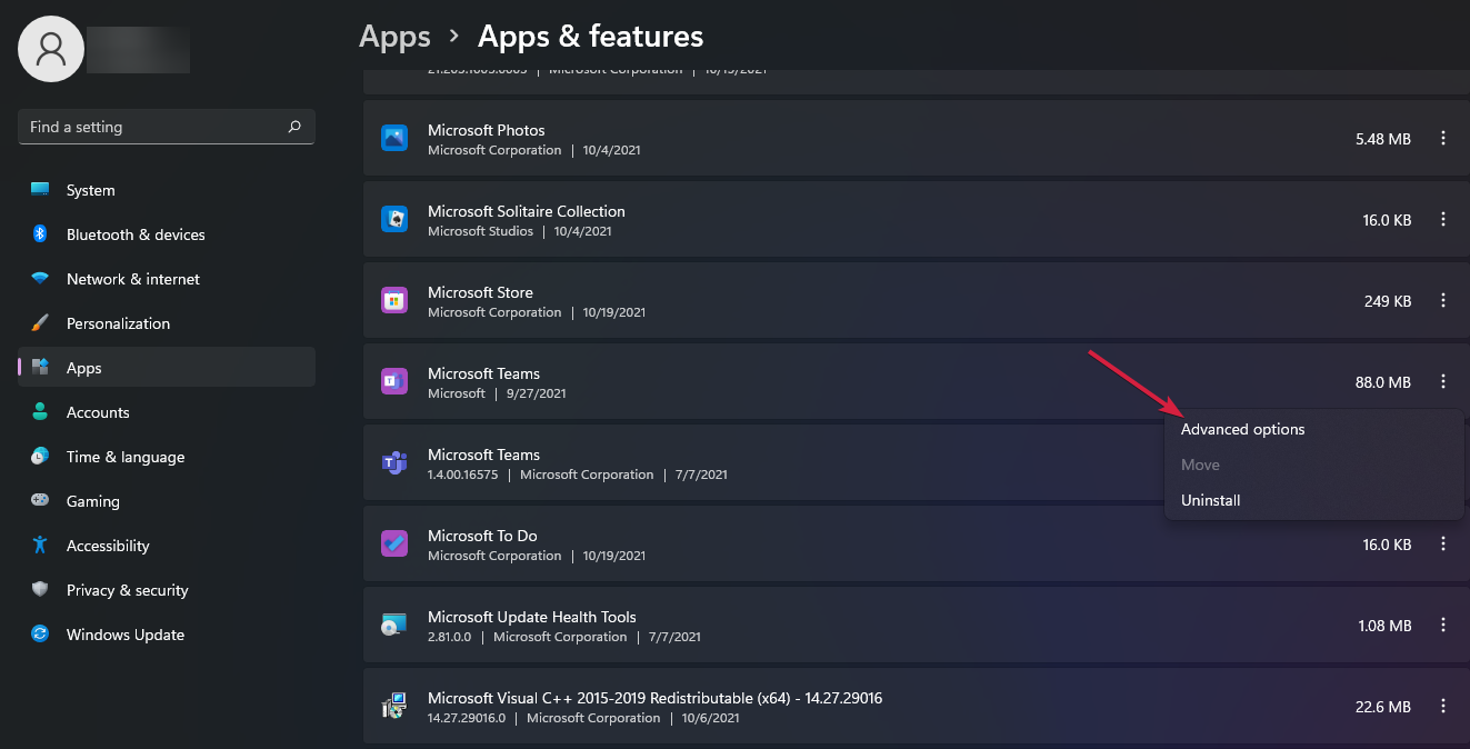 Кнопка дополнительных параметров для приложения Teams