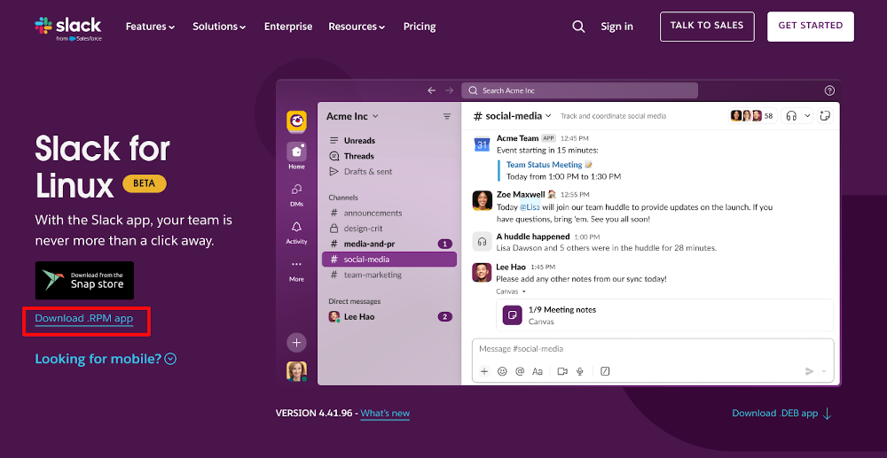 Расположение RPM‑файла на странице загрузки Slack.