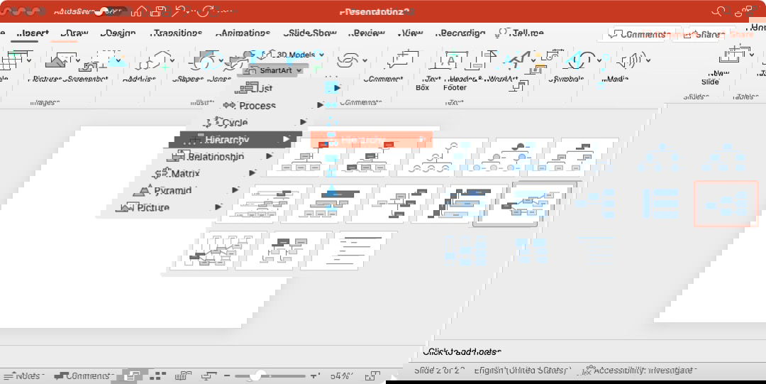 SmartArt options in PowerPoint on Mac