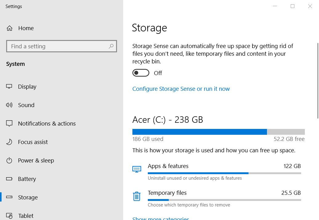 Вкладка Storage в параметрах Windows 10 для управления очисткой диска