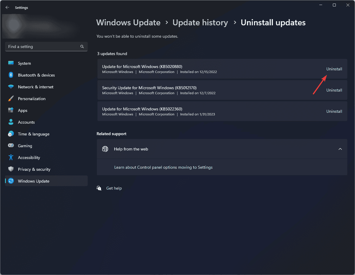 Удаление обновления Windows