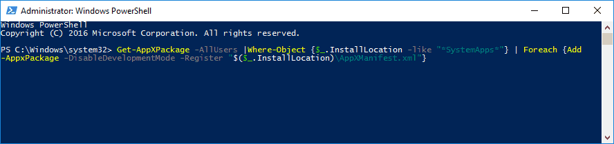 PowerShell процесс переустановки системных приложений