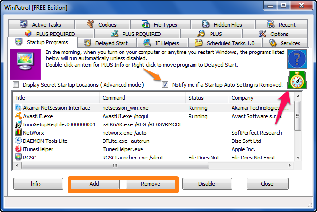 Вкладка Программы автозапуска в WinPatrol, стрелки отмечают элементы управления для включения и отключения
