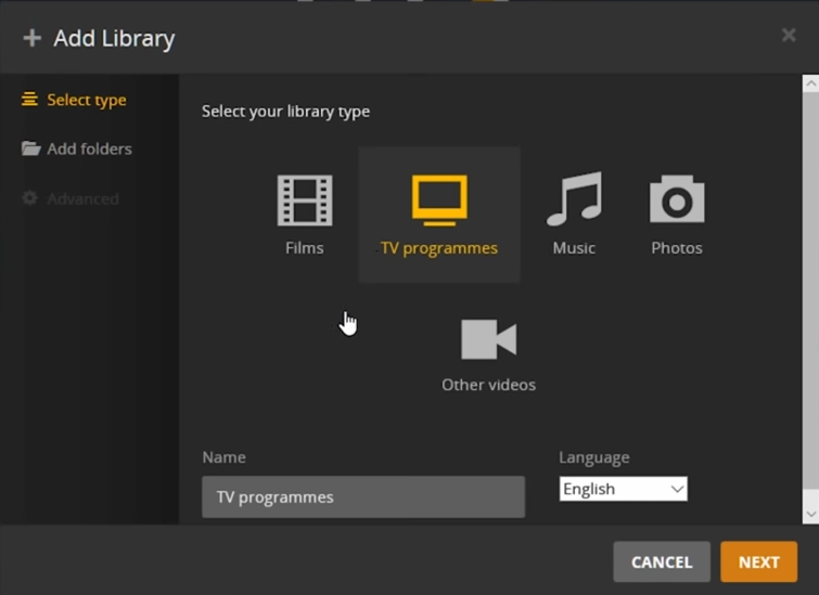 Окно добавления библиотеки Plex
