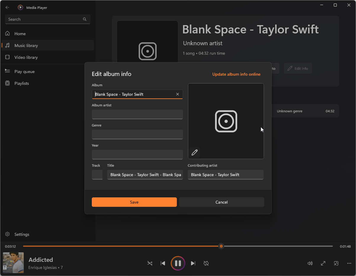 Иконка редактирования обложки в Groove Music