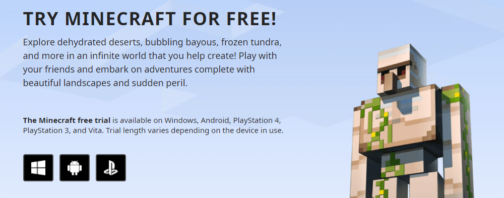 Экран загрузки пробной версии Minecraft Bedrock