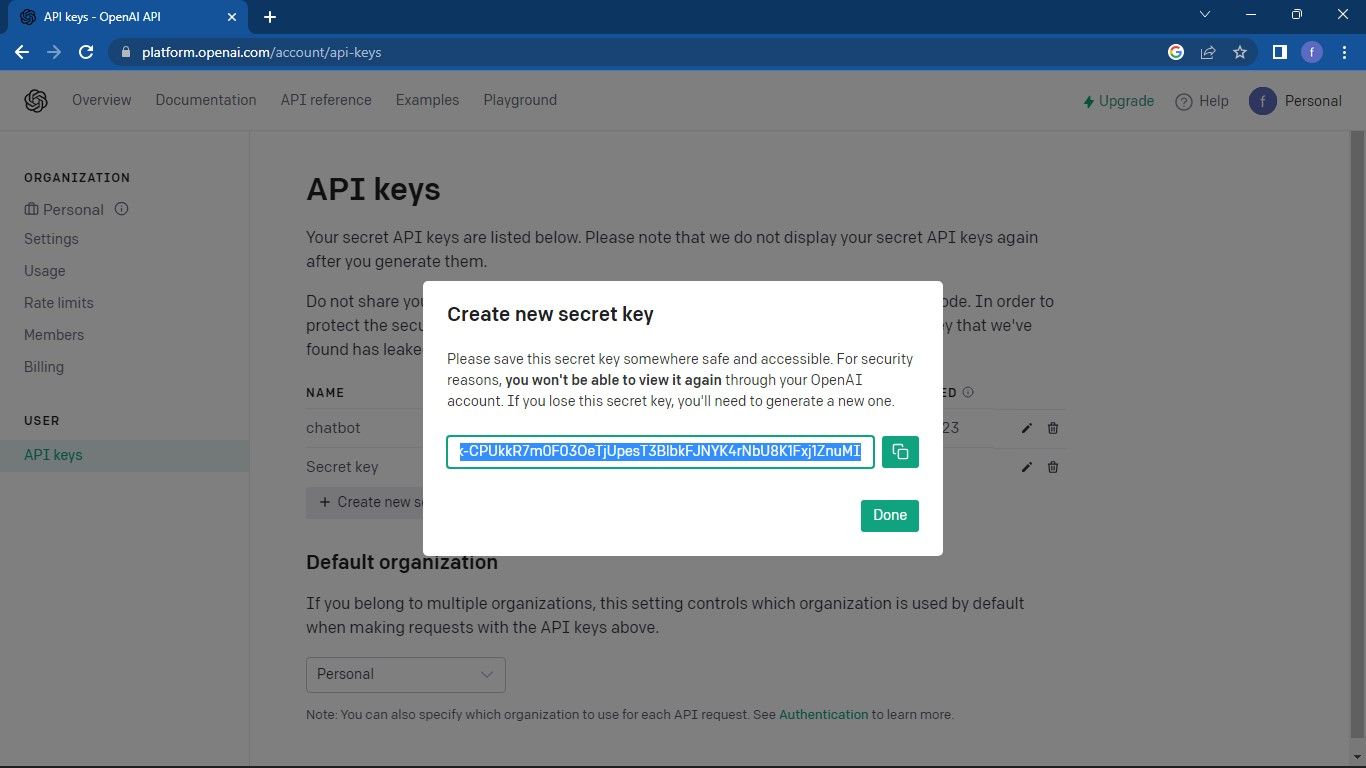 Сгенерированный секретный ключ OpenAI — пример экрана, показывающего новый ключ