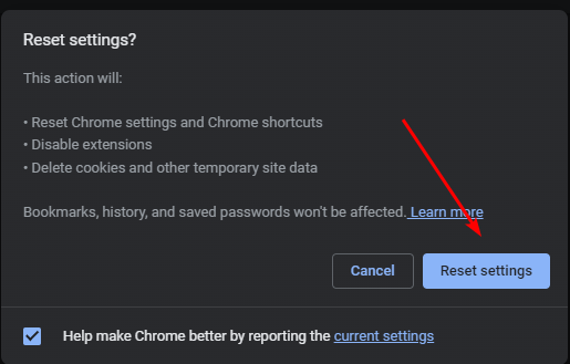 Подтверждение сброса настроек Chrome