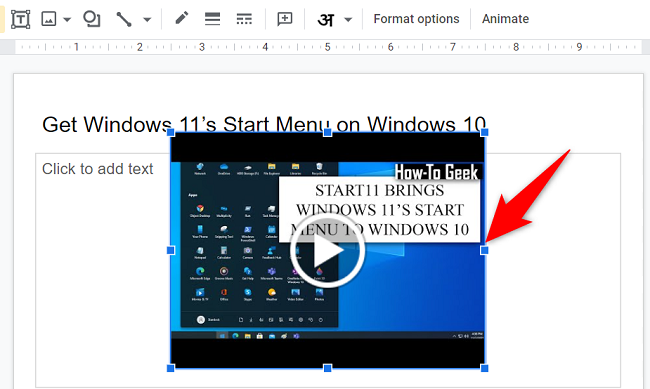 Перетащите маркеры вокруг видео, чтобы изменить размер.